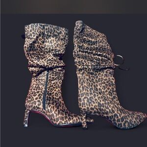 Leopard Print Slouchy Mid-Heel Boots - Women